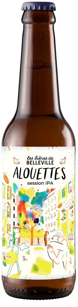 Bouteille Alouettes. Étiquette Alouettes : une place de Belleville animée