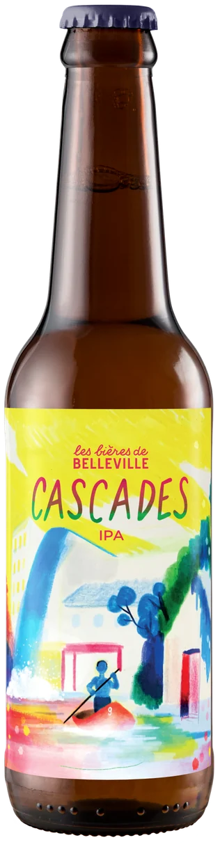 Bouteille Cascades. Étiquette Cascades : un canoë sous une cascade