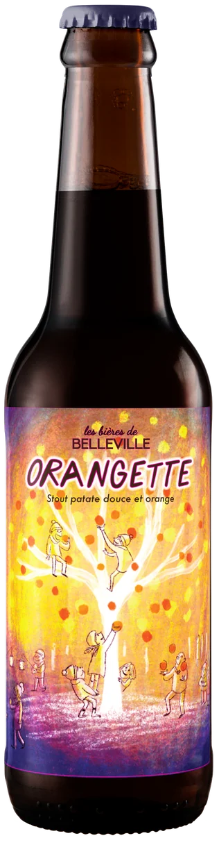 Bouteille Orangette, étiquette d’un arbre aux oranges entouré d’enfants