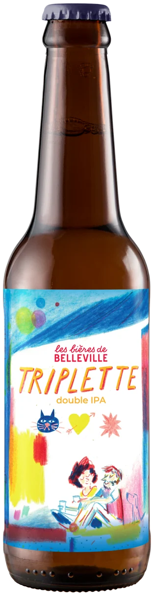 Bouteille Triplette. Étiquette Triplette : des amis devant la brasserie, un chat à la fenêtre